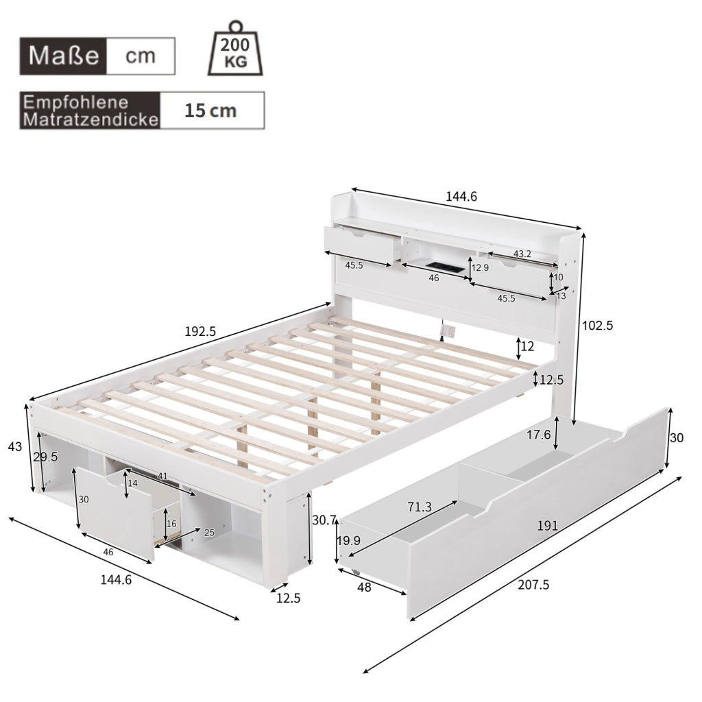 LETTO 140x190 cm bianco con USB e cassetti