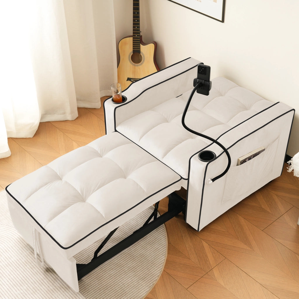 Divano letto singolo 3 in 1 estensibile con portabicchieri, porta cellulare e tasca laterale, beige, 83x167x76 cm