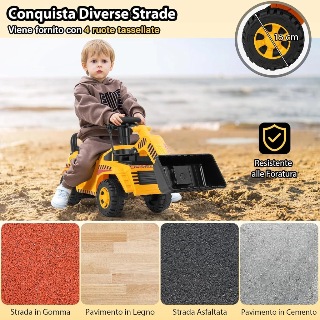Bulldozer a Spinta per Bambini, Giocattolo Escavatore con Benna Regolabile Suono e Spazio di Stoccaggio, Blocco Antiribaltamento, Veicolo da Costruzione per Bambini 19-36 Mesi