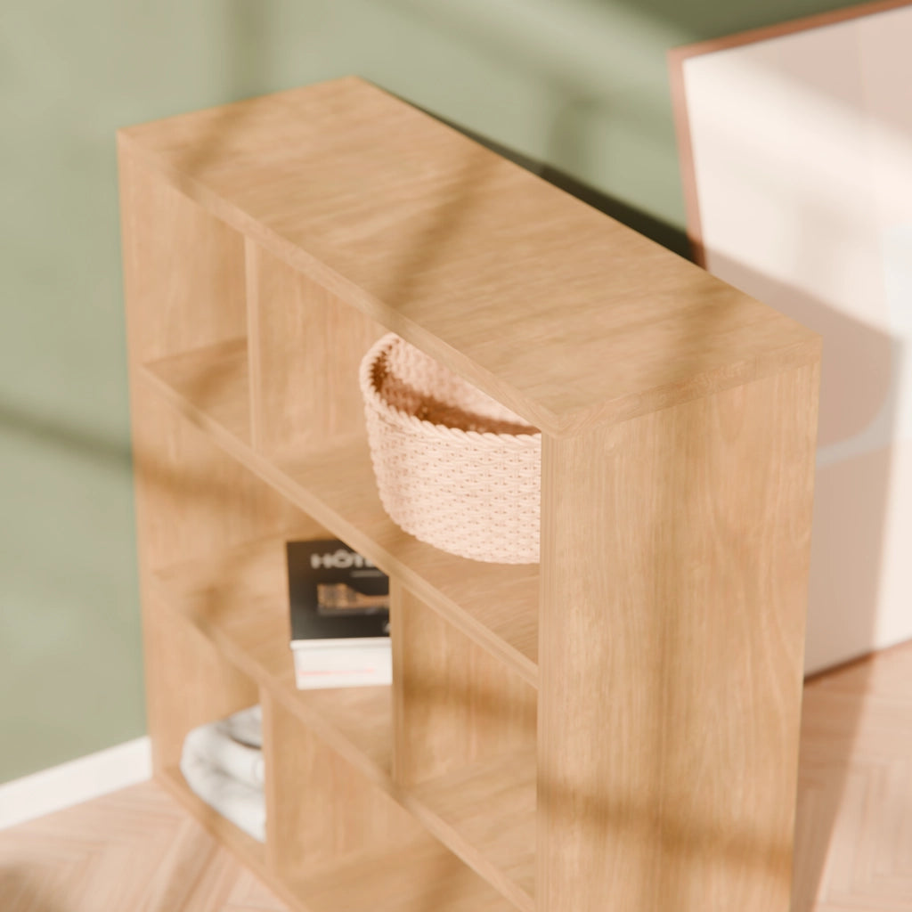 Libreria asimmetrica a 3 livelli con 6 vani, effetto legno miele