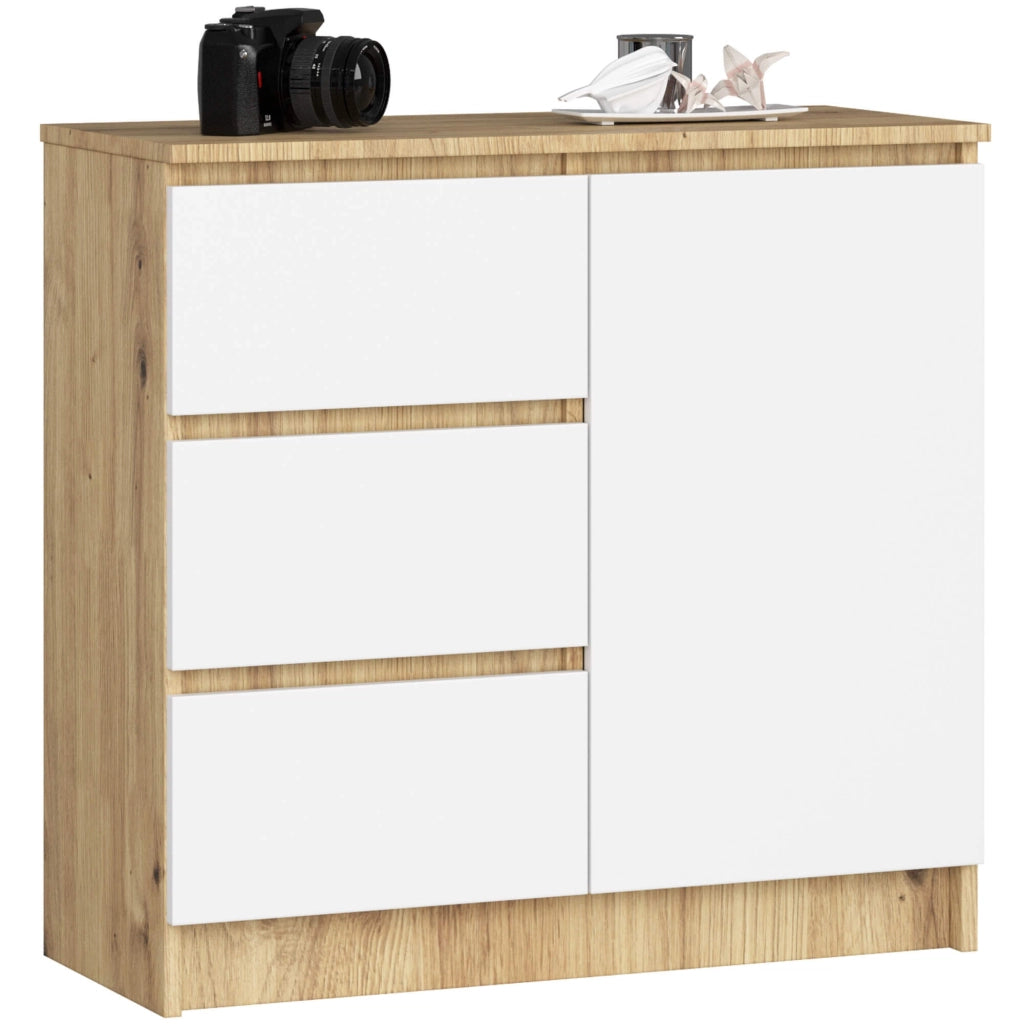 Cassettiera AKORD JERRY Cassettiera Quercia Artisan 80 cm 1 anta 3 cassetti inserto frontale Bianco 80x35x77 cm