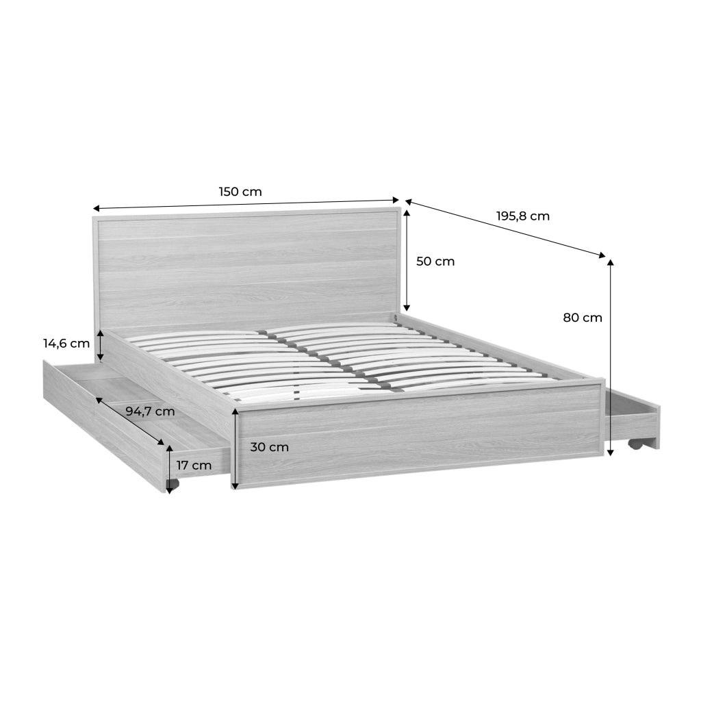 Letto con rete a doghe e testiera 140x190cm + 4 cassetti, noce