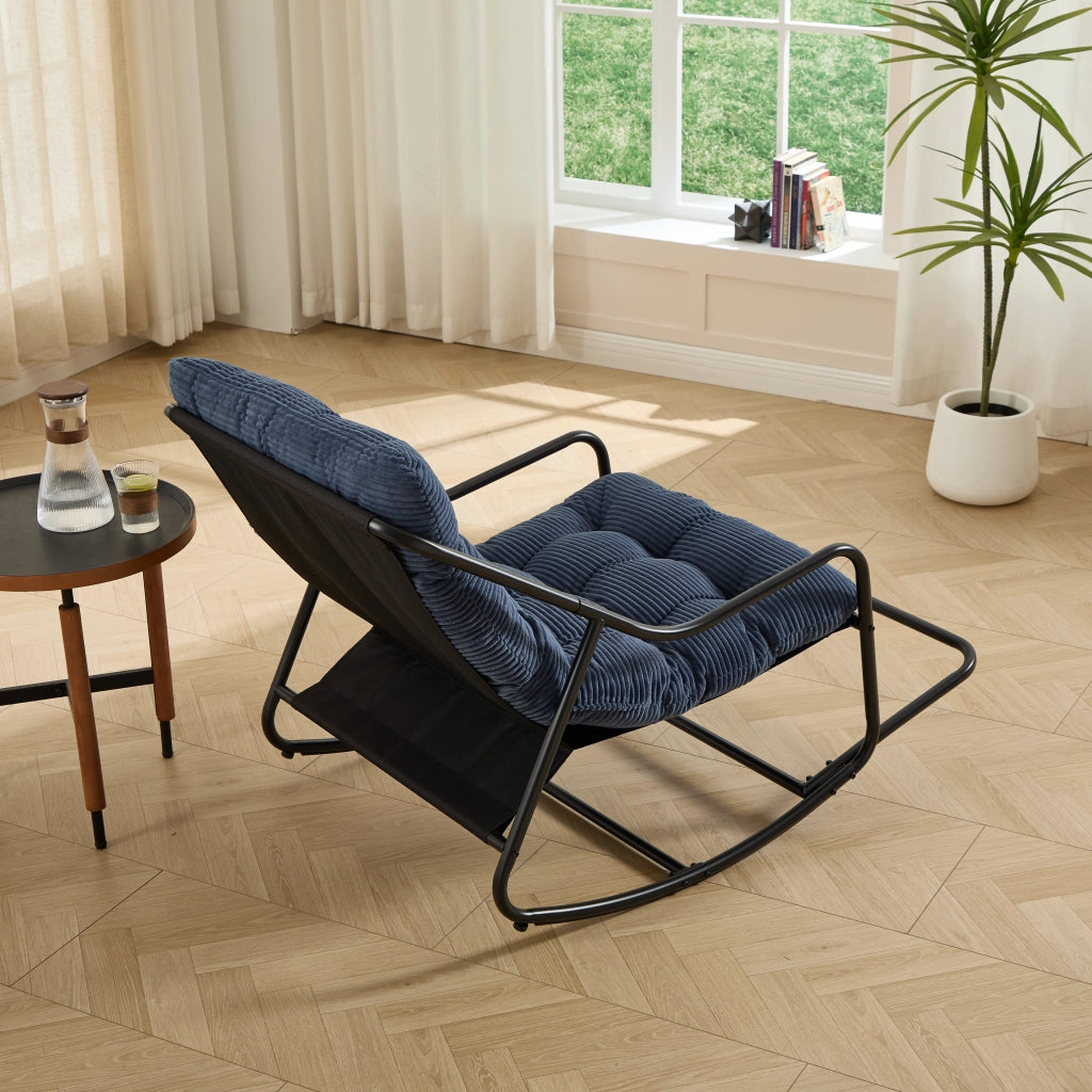 Sedia a Dondolo da Giardino Poltrona con Oscillazione Regolabile e Cuscino Spesso in Acciaio Blu Navy 75 × 116 × 82 cm