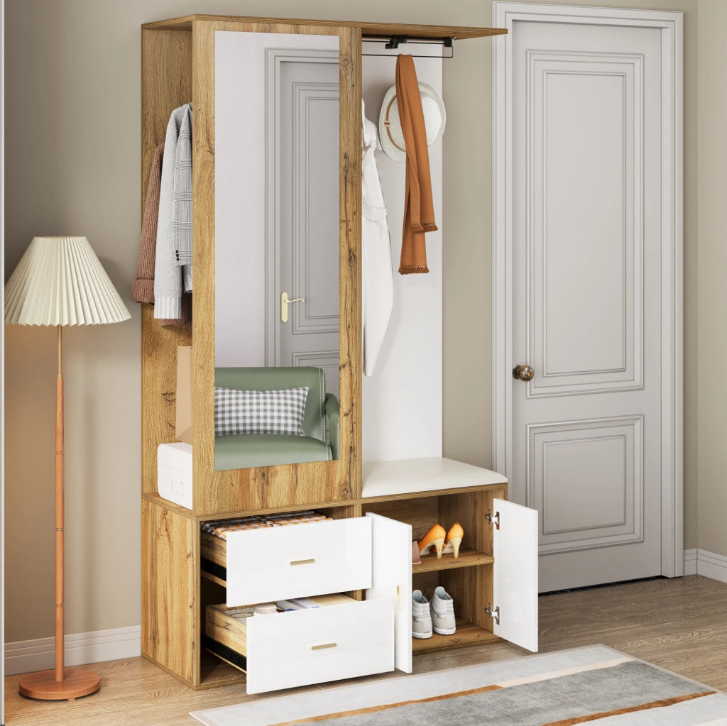 Guardaroba da ingresso 100x38x180 cm con specchio; panca e scarpiera bianco e naturale