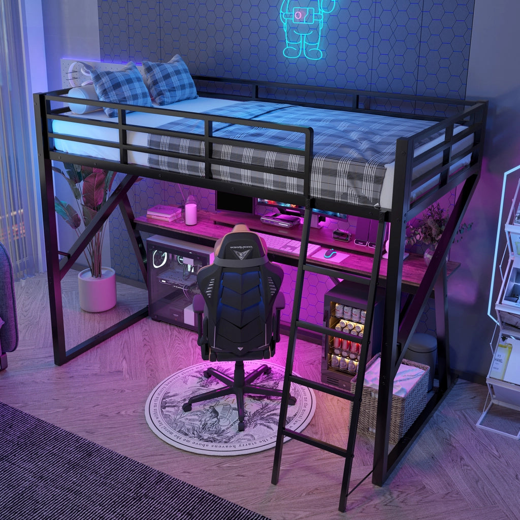 Letto a soppalco per bambini 90x200 cm con scrivania, scala, LED multicolore e ringhiera, nero