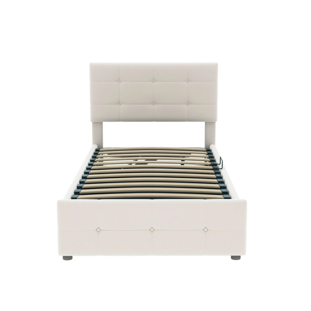 Letto imbottito per bambini 90x200 cm in velluto, con contenitore idraulico, testiera regolabile, beige
