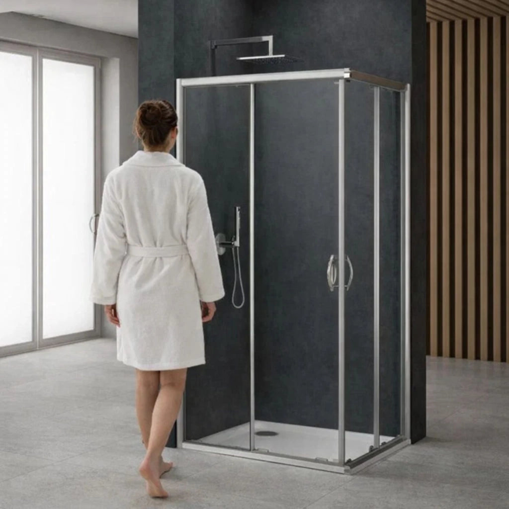 Cabina doccia angolare con ante scorrevoli in cristallo temprato 6 mm cromato *** misure 72-75x72-75xh190 cm, confezi...