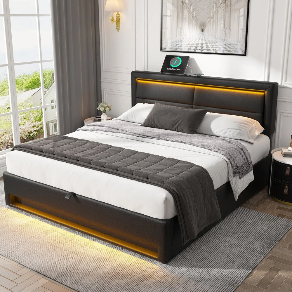 Letto Imbottito con LED e Contenitore ¨C Xylo ¨C Nero, 140x190, USB
