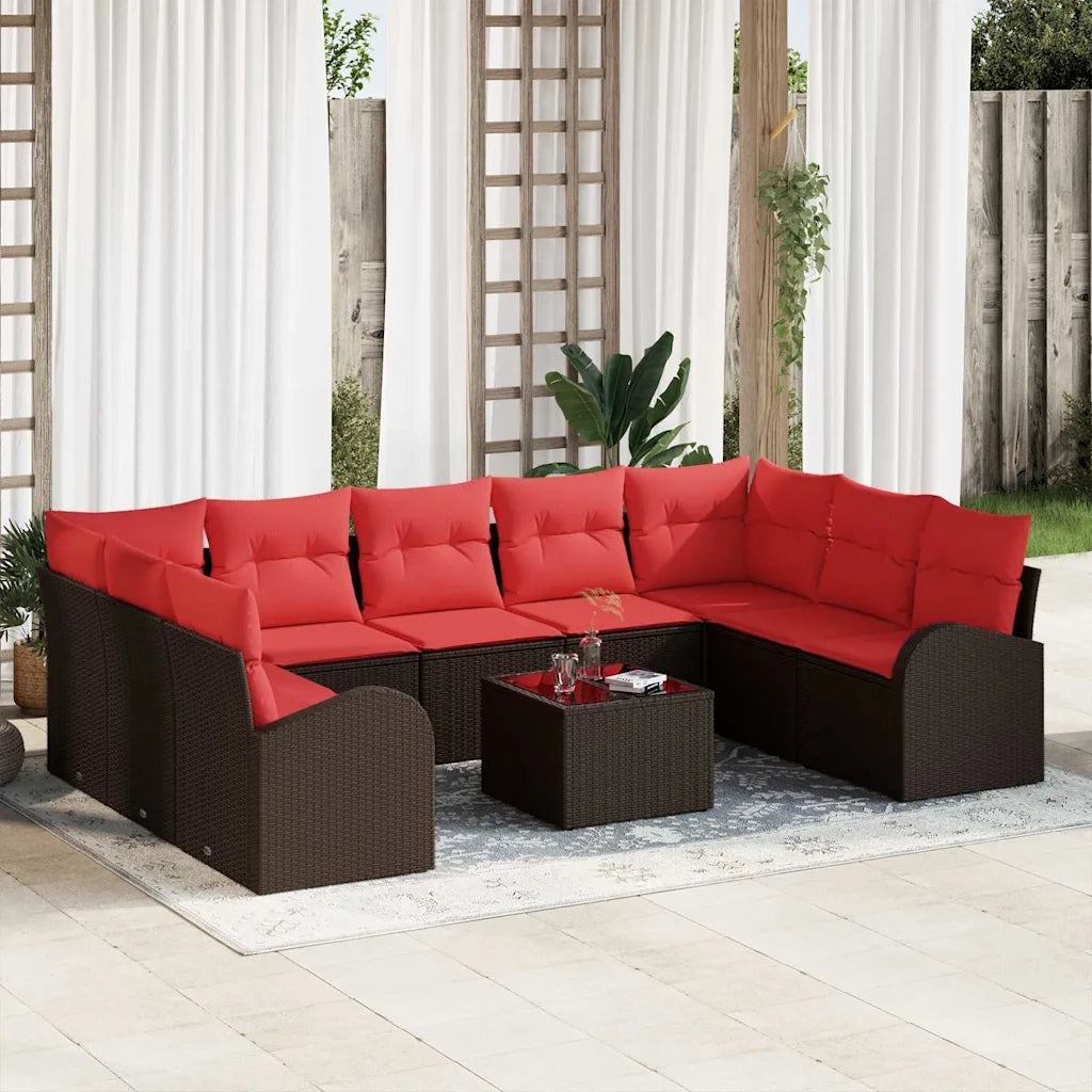 Set Divano da Giardino 10 pcs Marrone e Rosso polyrattan 3354883