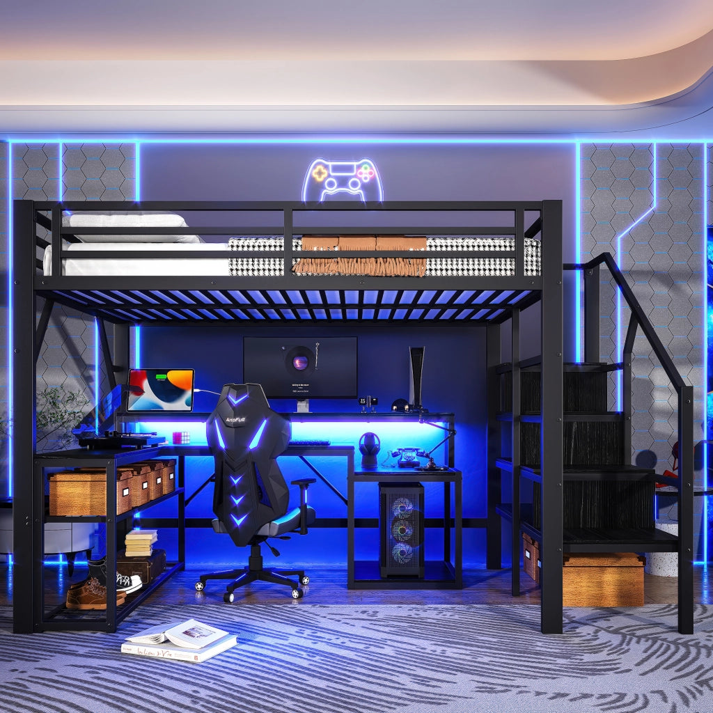 LETTO A SOPPALCO 140 x 200 cm in metallo nero con scrivania, LED e USB