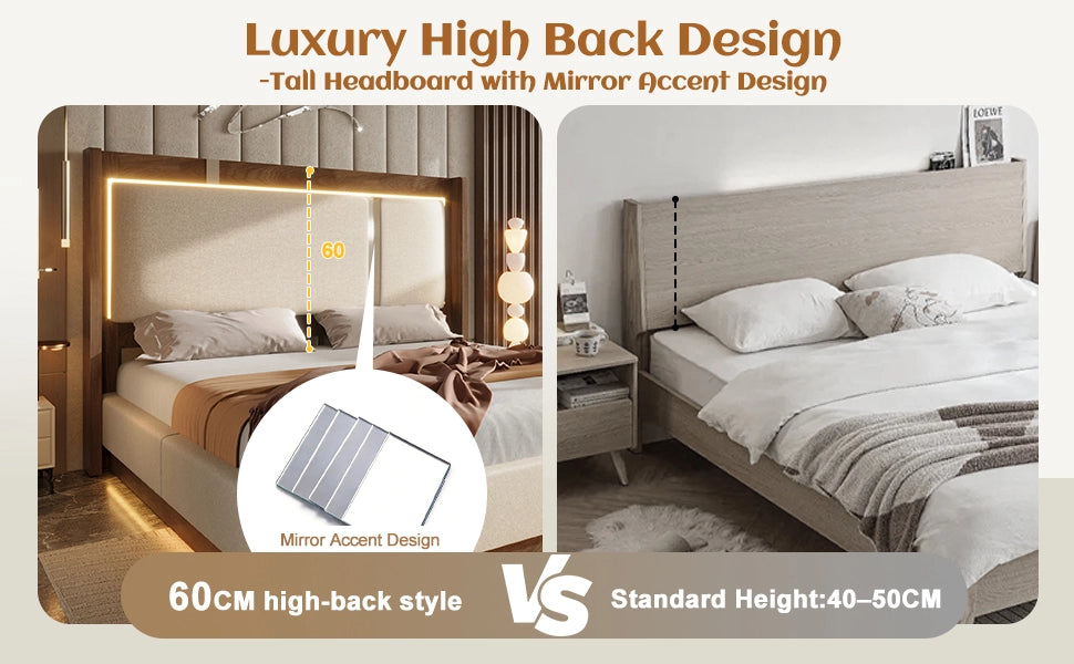DESMIU Letto contenitore 90 × 200 cm 1 posto con LED, sollevamento idraulico e senza materasso, in lino, beige