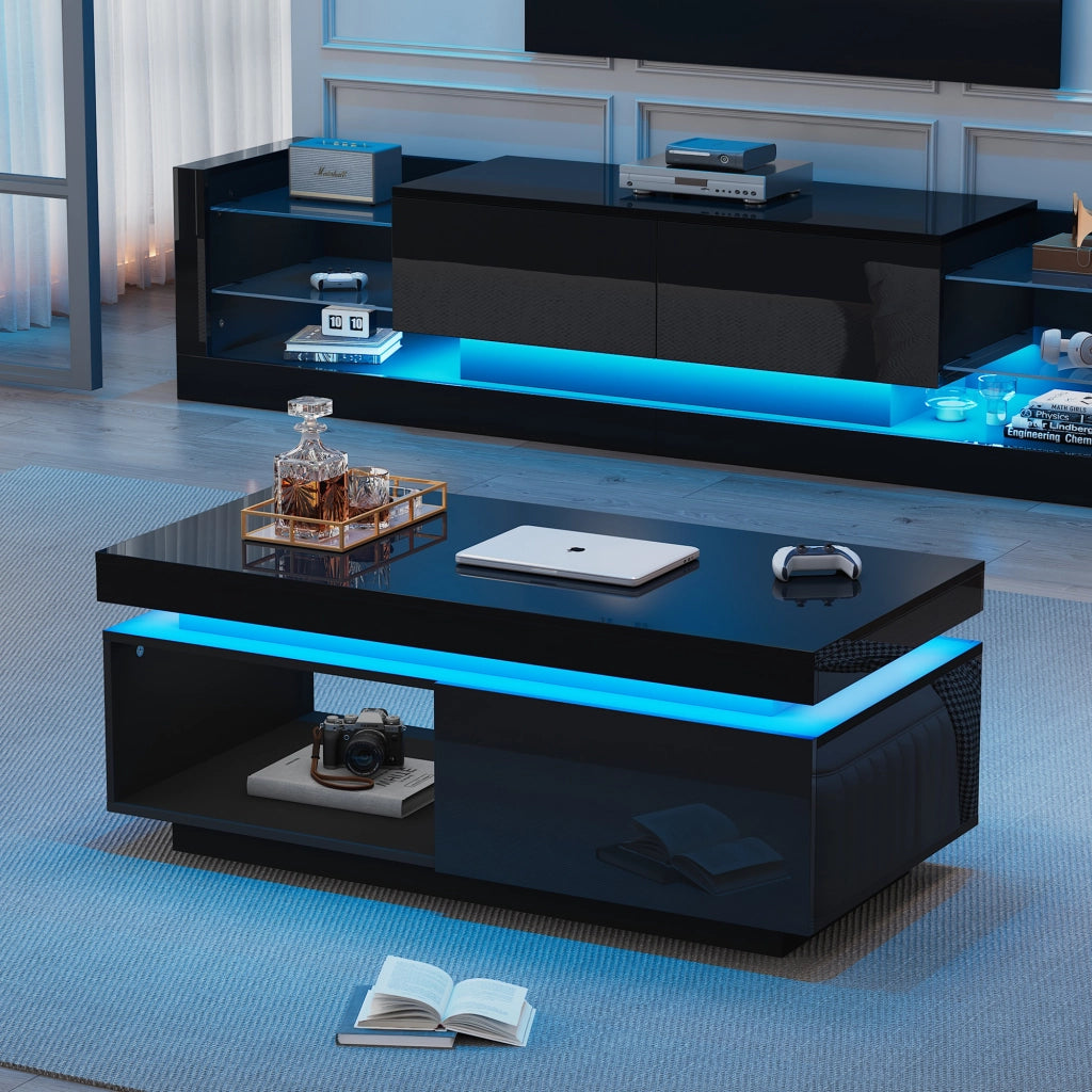 Set TV a parete con tavolino - Zephmum- Nero lucido con luci LED