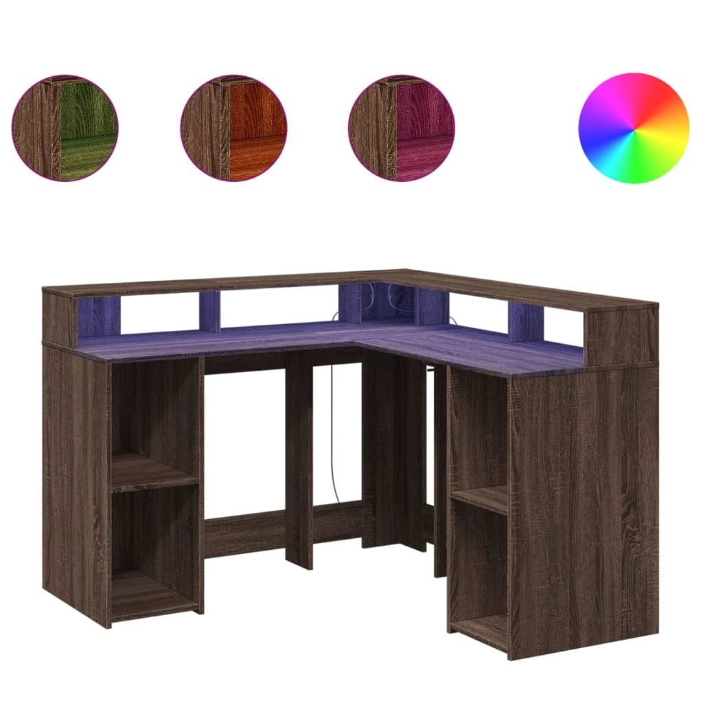Scrivania tavolo postazione di lavoro mobile per computer studio e luci a LED legno ingegnerizzato di rovere marrone 02_0023793