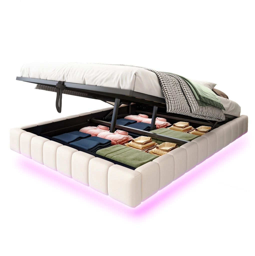 Letto imbottito sospeso 140x200 cm con LED e contenitore nascosto