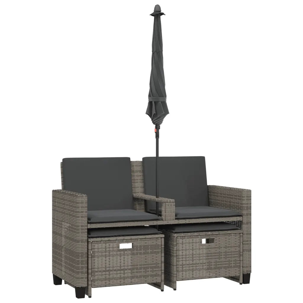 Divano Giardino 2 Posti-Sofa da Giardino-Divanetto da esterno Ombrellone e Sgabelli Grigio Polyrattan