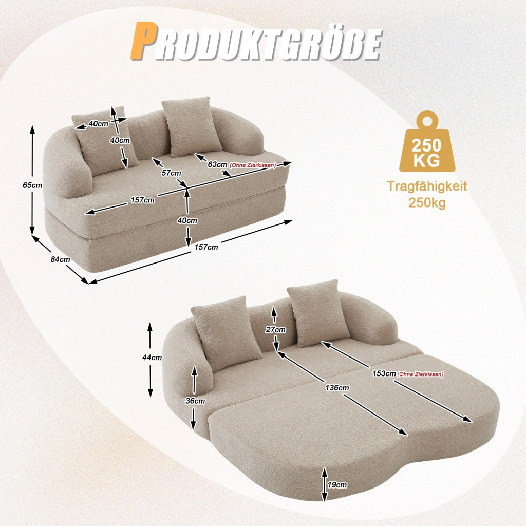 Divano letto a 2 posti - con due cuscini e struttura pieghevole - in chenille khaki