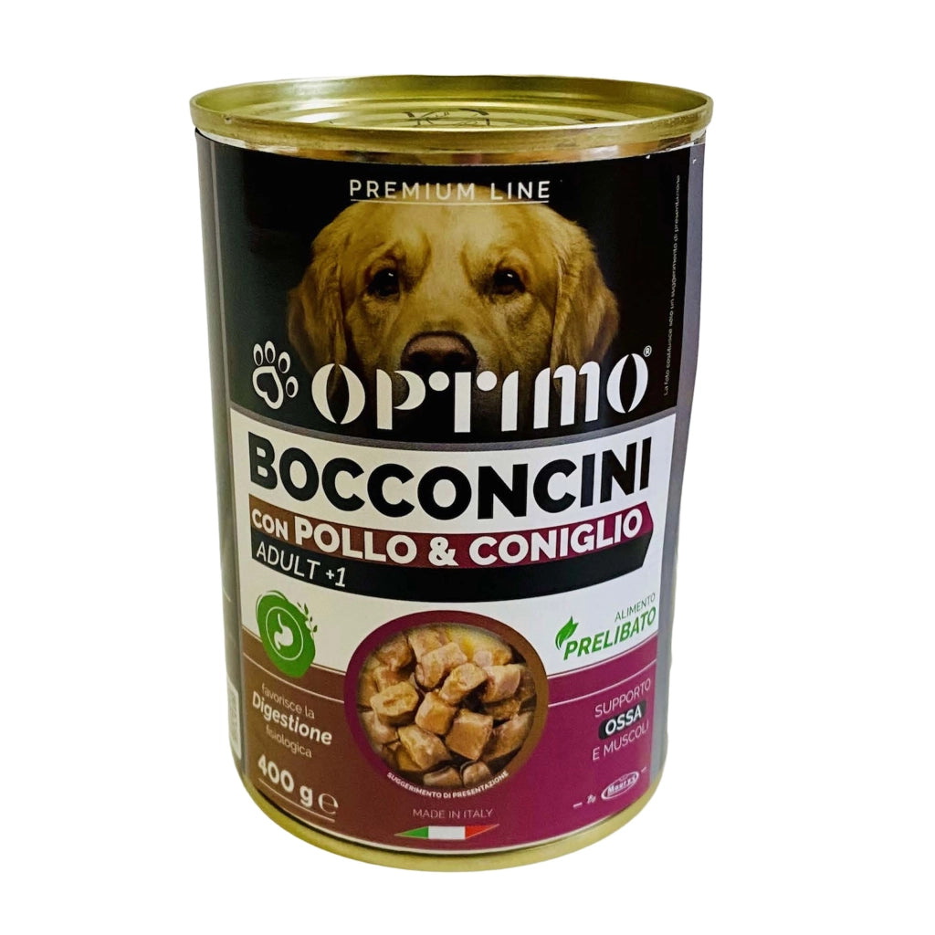 KIT SET 6 PZ OPTIMO BOCCONCINI PER CANE AL GUSTO POLLO E CONIGLIO DA 400 GR