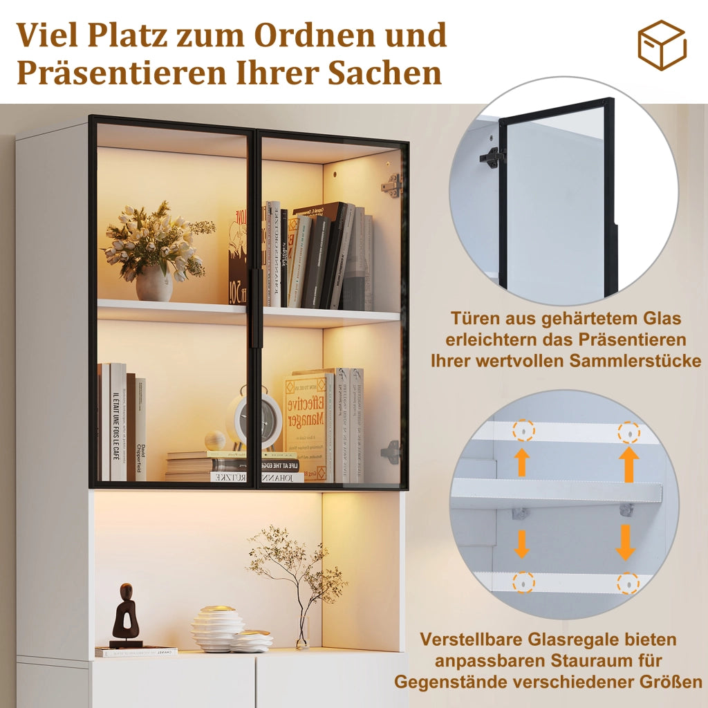 Vetrina con ante in vetro; vano aperto e illuminazione LED - 80x30x200 cm - bianco