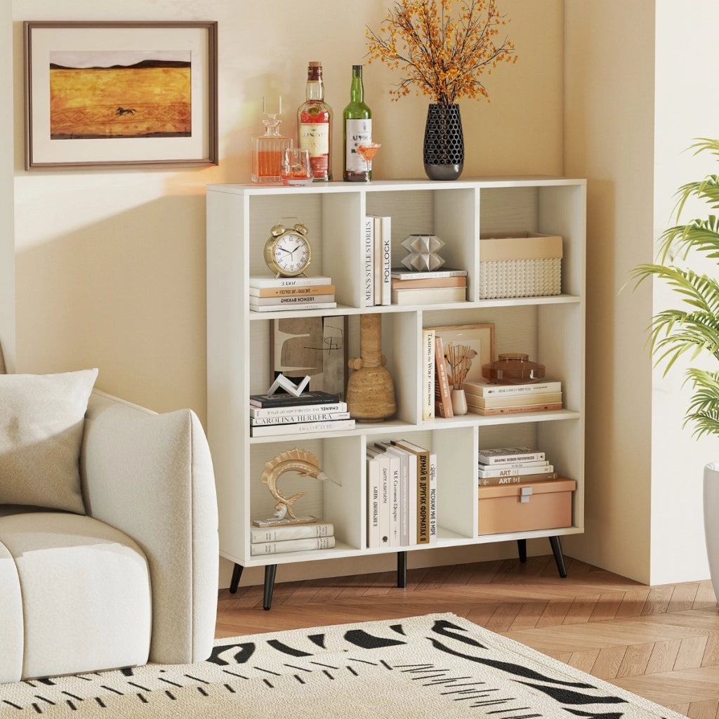 Organizzatore di stoccaggio moderno con 5 gambe di metallo affusolate, Libreria a 8 cubi studio camera da letto Bianco-Librerie