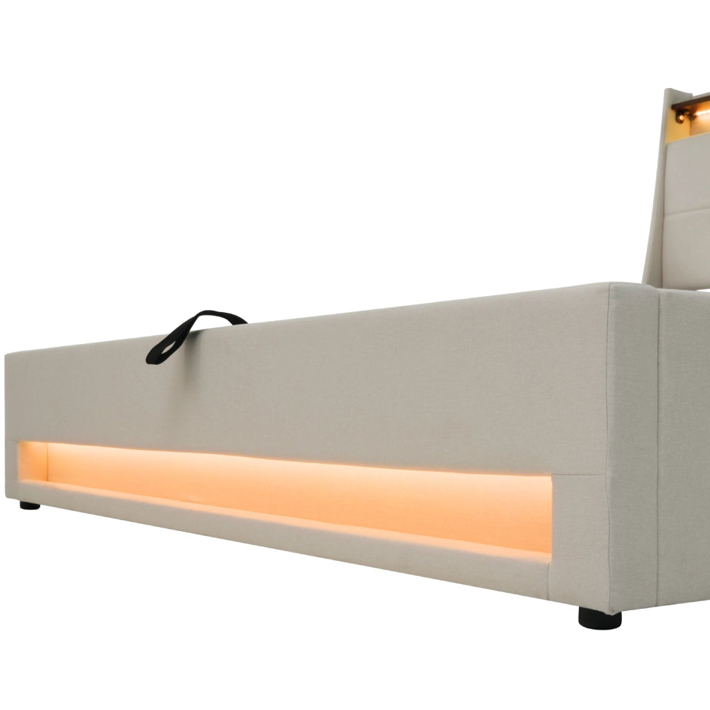 LETTO imbottito 140x200 cm Beige con LED e USB