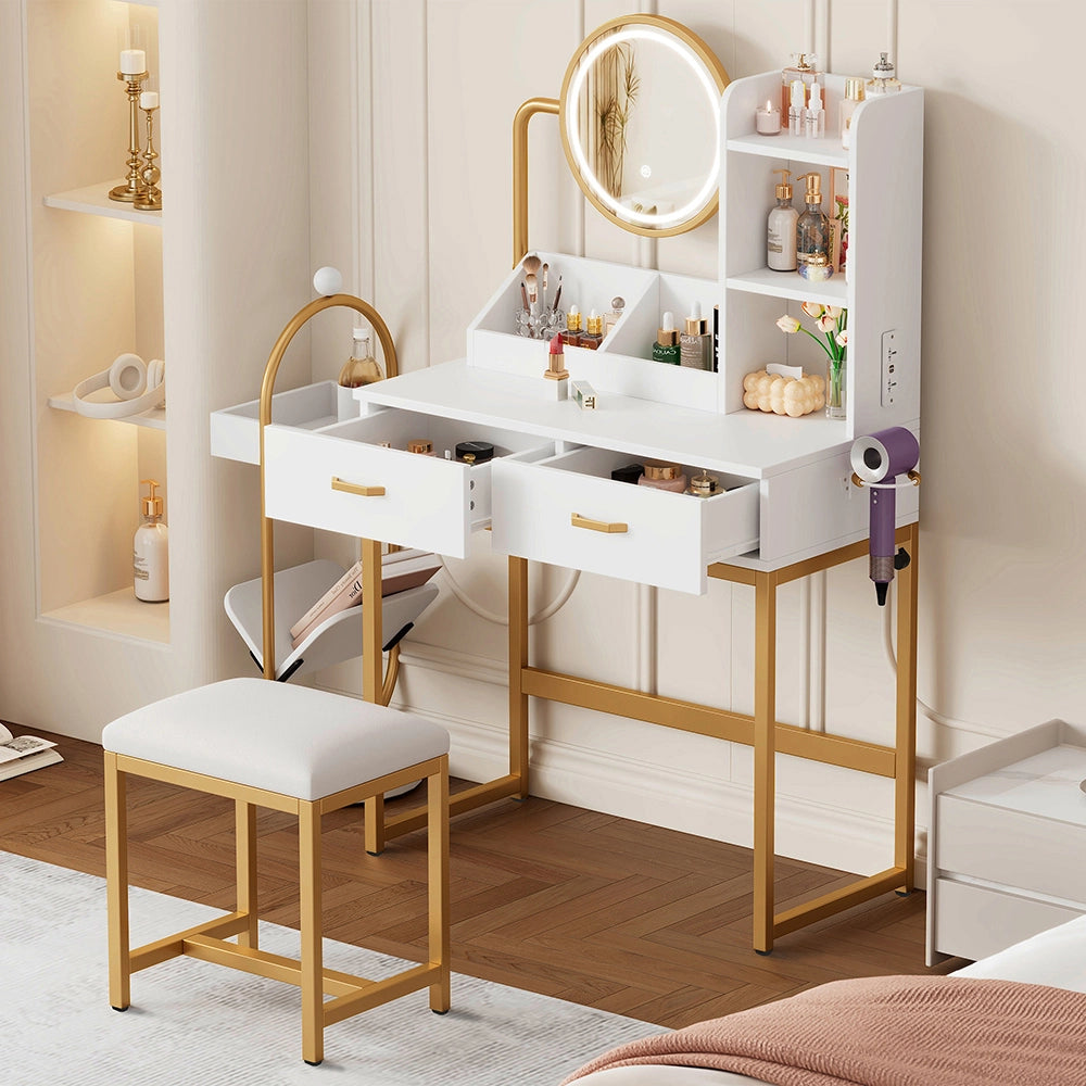 Toilette moderna con illuminazione LED - Xylo - 80x138.5x40 cm - Bianco - Specchio girevole, prese elettriche, 2 cassetti + 2 scaffali aperti
