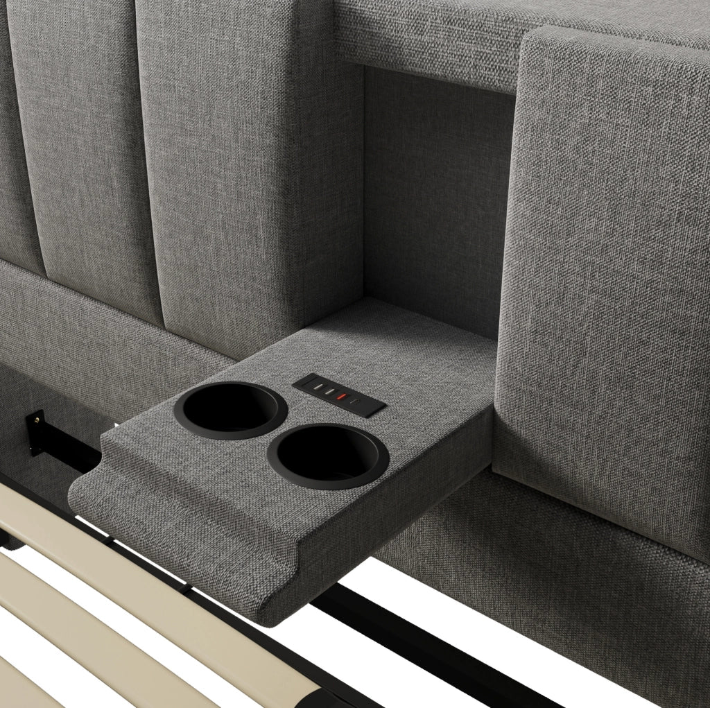 Letto matrimoniale 180x200 cm con contenitore, ricarica USB e portabicchieri integrati