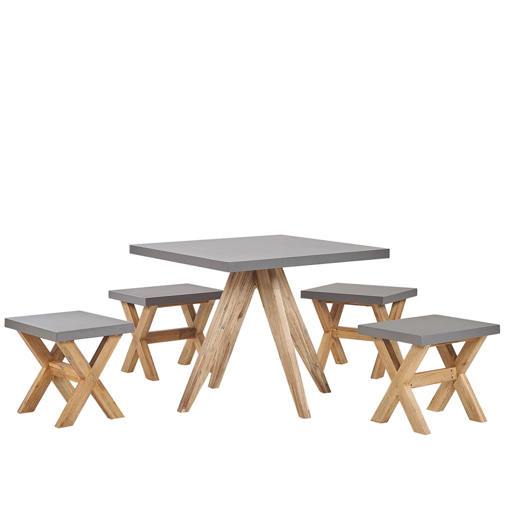 Set da Giardino con Tavolo Quadrato e 4 Sgabelli in Cemento Grigio e Base in Legno di Acacia
