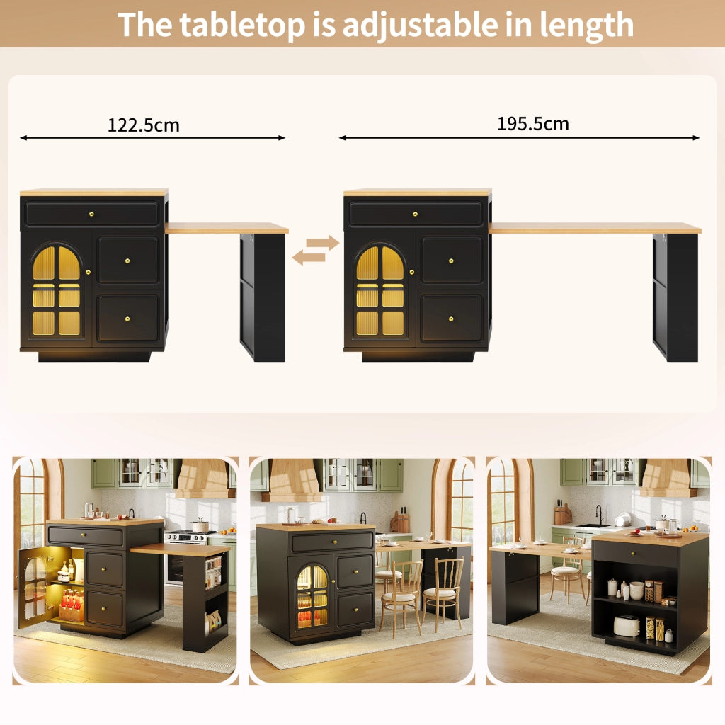 Mobile contenitore da cucina allungabile con 4 cassetti, ripiani e LED RGB, per cucina e sala da pranzo, in MDF, nero