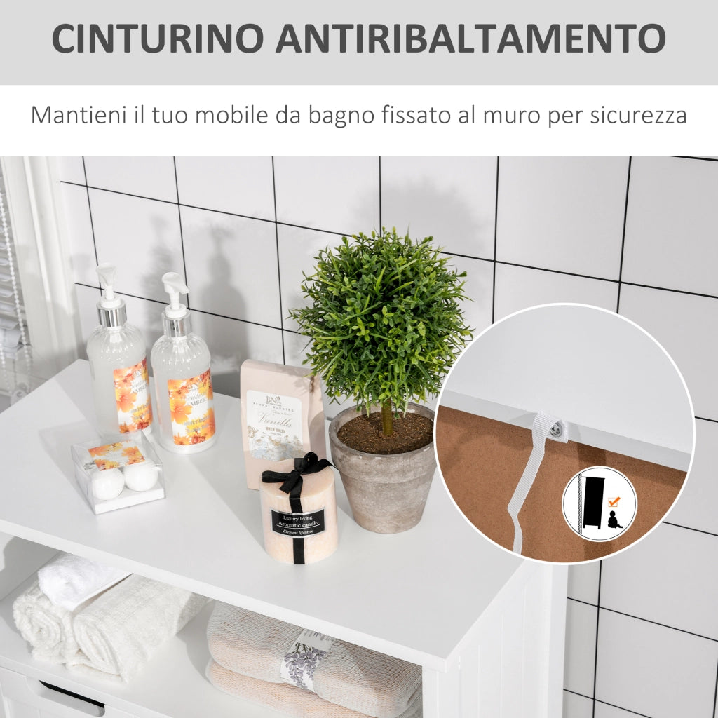 Mobile Bagno Multiuso Salvaspazio, Armadietto da Bagno con Armadietto 2 Ante, Mensola e 2 Cassetti Regolabili, 60x30x108.8cm, Bianco