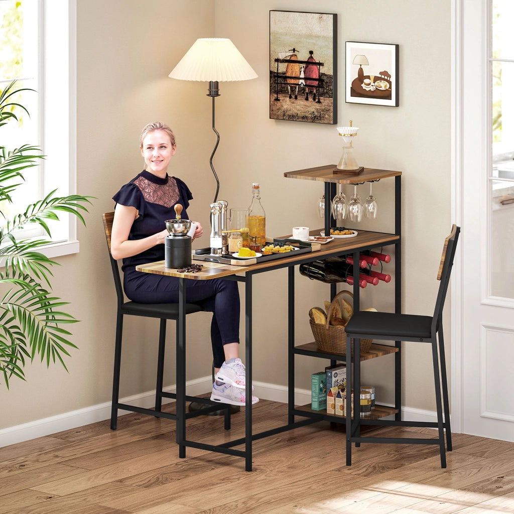 Set Tavolo da Pranzo Pieghevole con Portabottiglie e 2 Sgabelli ¨C Xylo ¨C Metallo Nero Legno Marrone