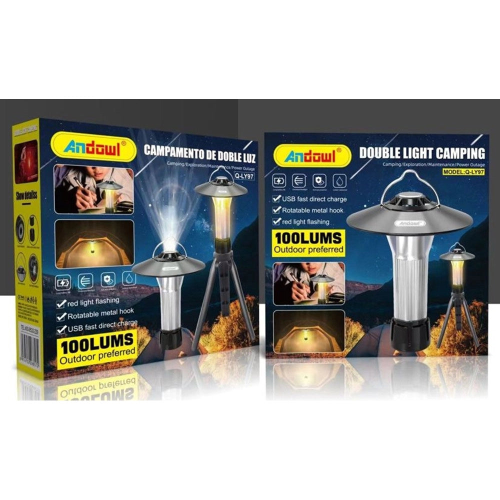 Trade Shop - Lanterna Torcia Da Campeggio Elettrica Ricaricabile Doppia Luce A Led 100lm Gancio Q-ly97 -