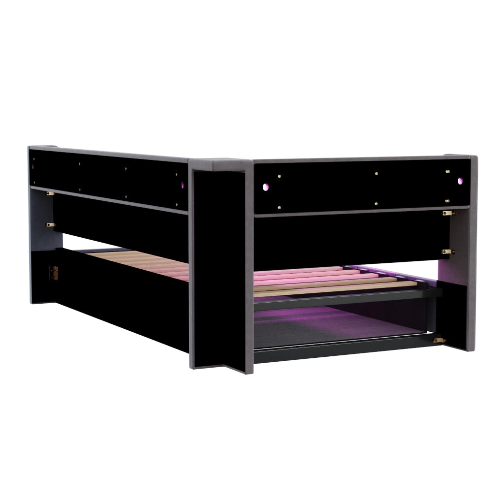 DIVANO LETTO 90x200 cm in velluto grigio con LED, prese USB e vano contenitore