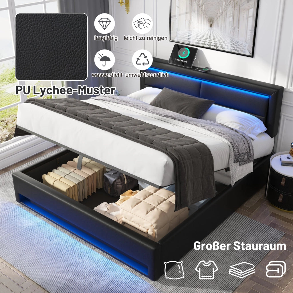 LETTO Imbottito 160x200 cm PU Nero con USB, LED e vano contenitore