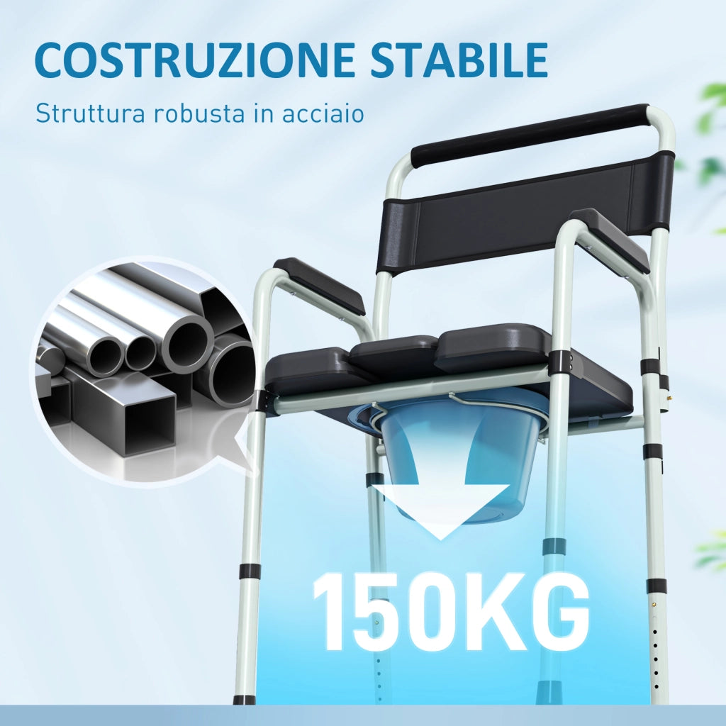 Sedia WC Pieghevole con Braccioli e Schienale ¨C Xylo ¨C Acciaio e Pelle PU Nero 52.5x46x81.5-97cm