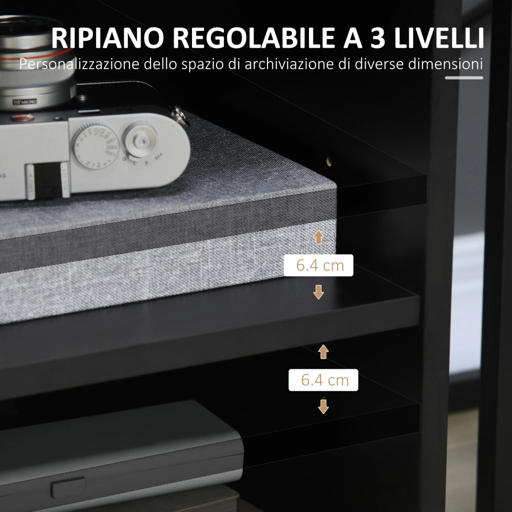 Mobile Porta Stampante a Rotelle con Armadietto e 3 Ripiani Aperti, in Legno, 60x50x65.5 cm, Nero
