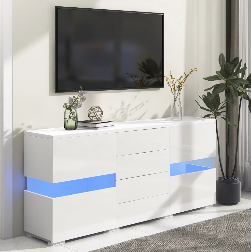 Sideboard bianco 140 cm con LED controllati da app; 2 ante in acrilico e 4 cassetti