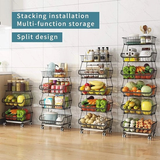 Mangiatoie con ruote 6 livelli stivellabili cesti metallici per verdure frutta e magazzinaggio cucina nero