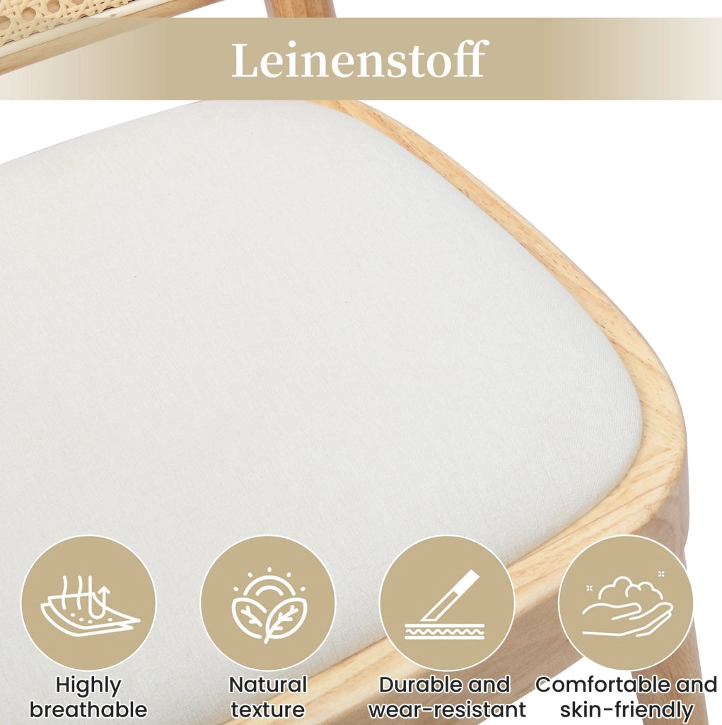 Set di 2 sedie da pranzo in legno massello con schienale in rattan e seduta in lino; color legno