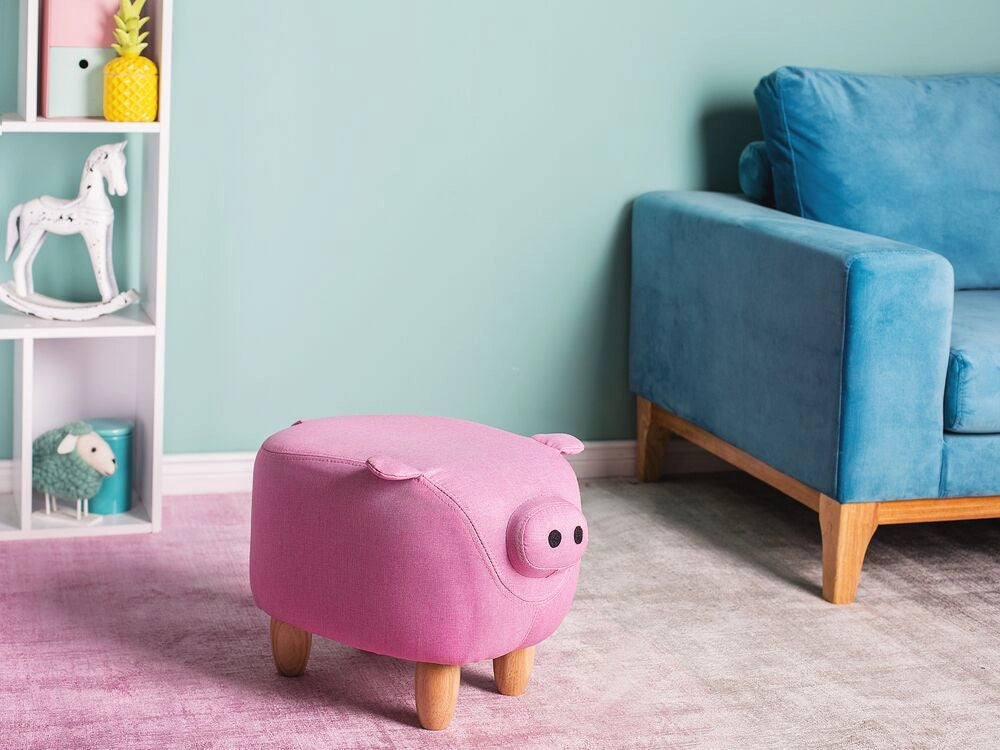 Sgabello per bambini Animale Maialino in tessuto rosa con gambe in legno Poggiapiedi per cameretta