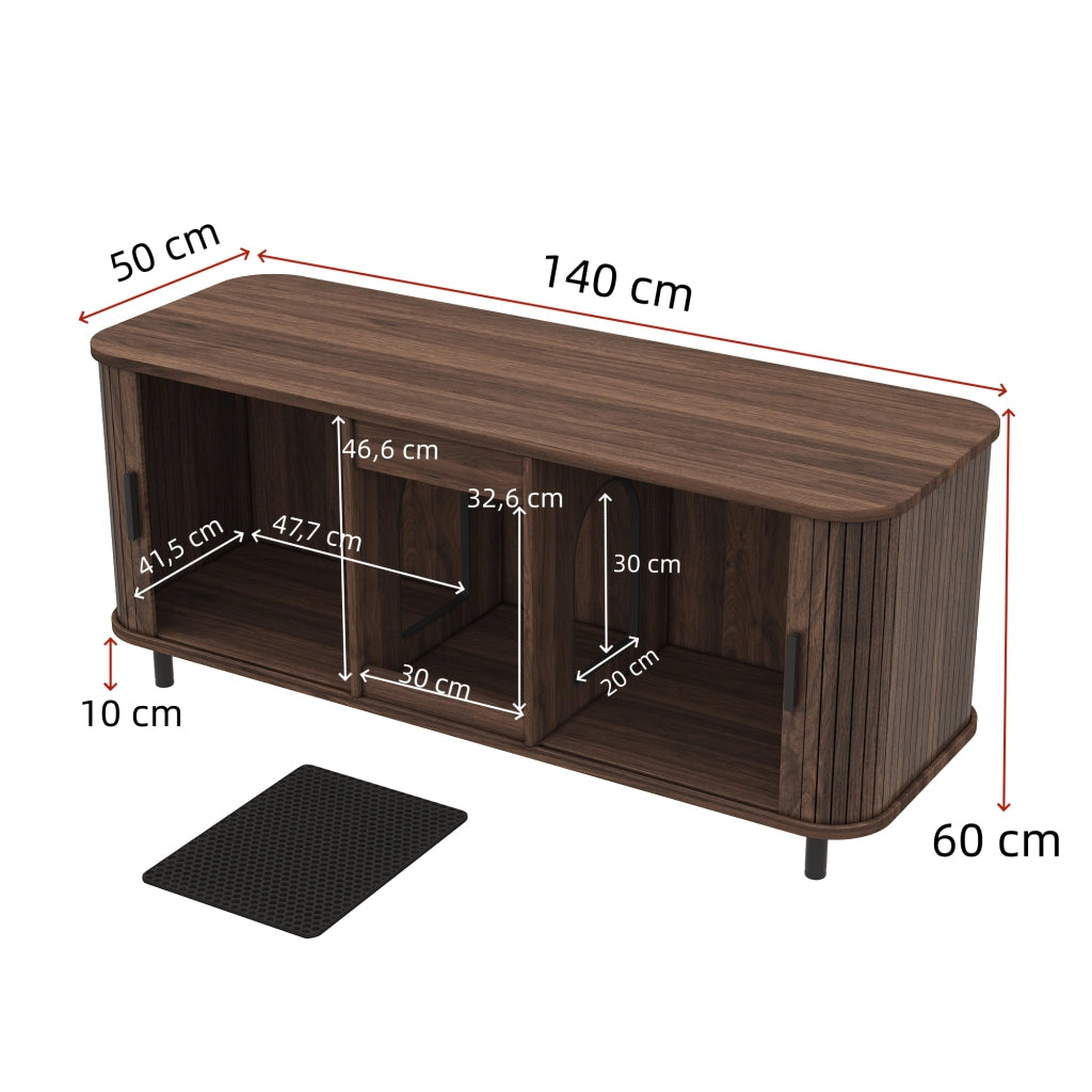 Mobile Lettiera per 2 Gatti 140×50×60 cm con 2 Porte Scorrevoli; Tappetino Raccogli Sabbia e Piedini in Metallo