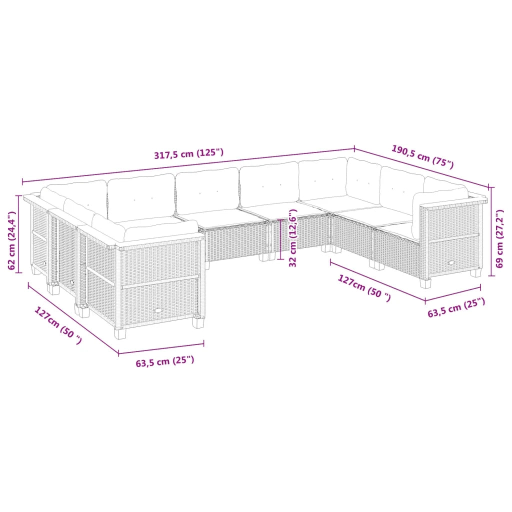 Set Divani da Giardino 9 pz con Cuscini Nero in Polyrattan 3261977