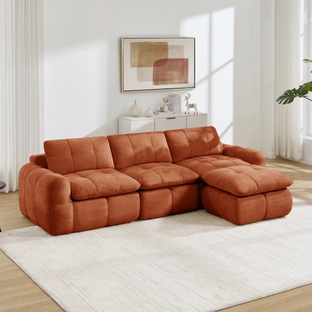 Divano modulare a L 3 posti - con pouf - in chenille - arancione