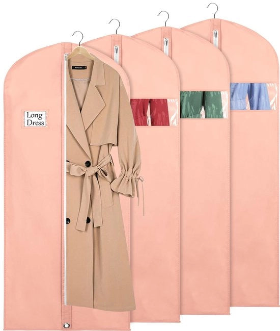 Set di valigie per abiti, 60 x 152 cm, materiale respirante, valigie per abiti lunghe per abiti da sera, giacche e vestiti da sera, 4 pezzi, rosa