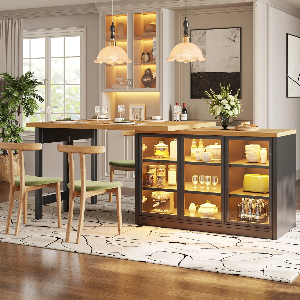 Tavolo allungabile con mobile laterale, LED e piano girevole a 360° per cucina, in MDF e vetro, nero, 120 × 40 × 72 cm