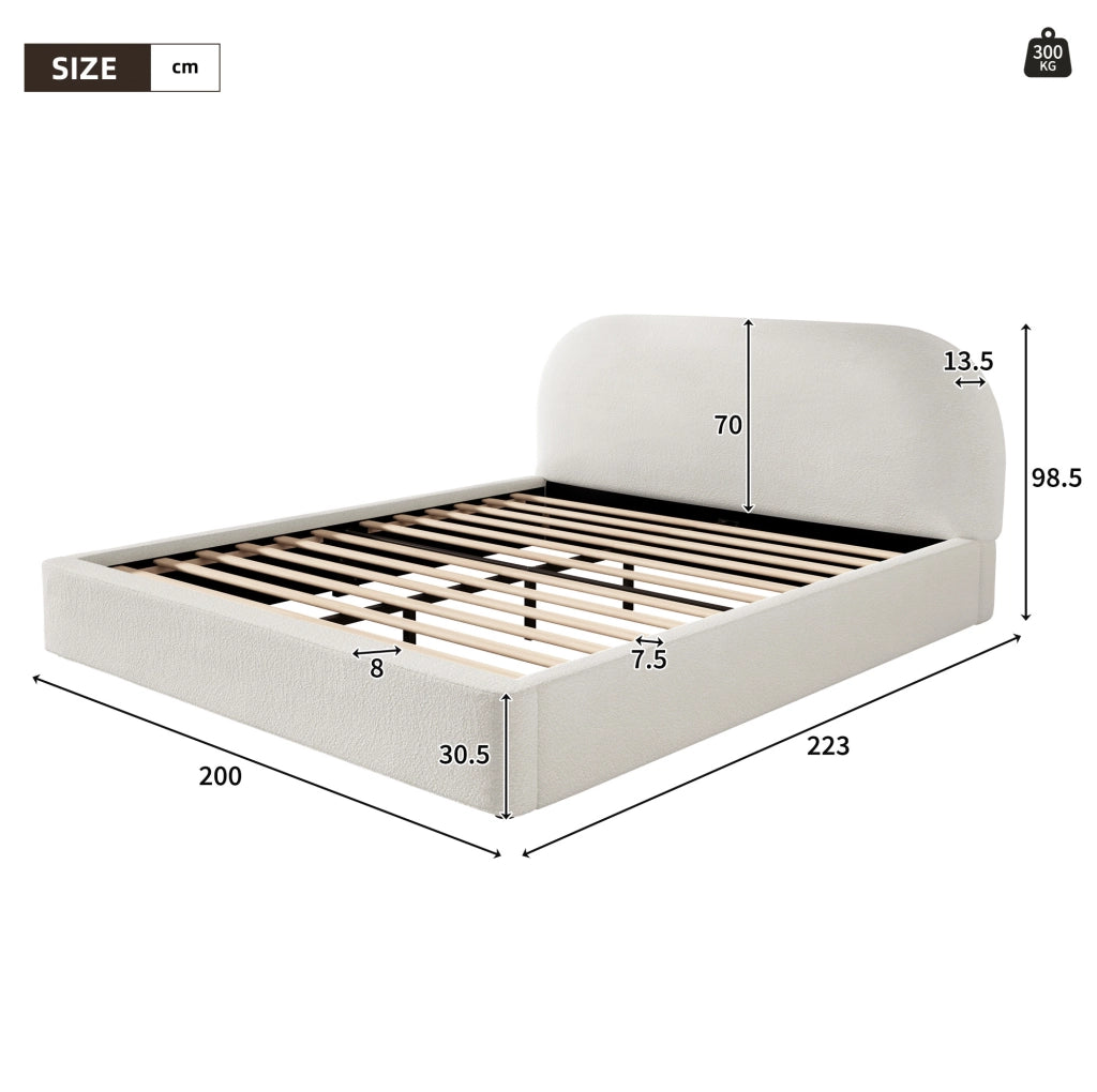 Letto matrimoniale imbottito in bouclé beige con rete a doghe