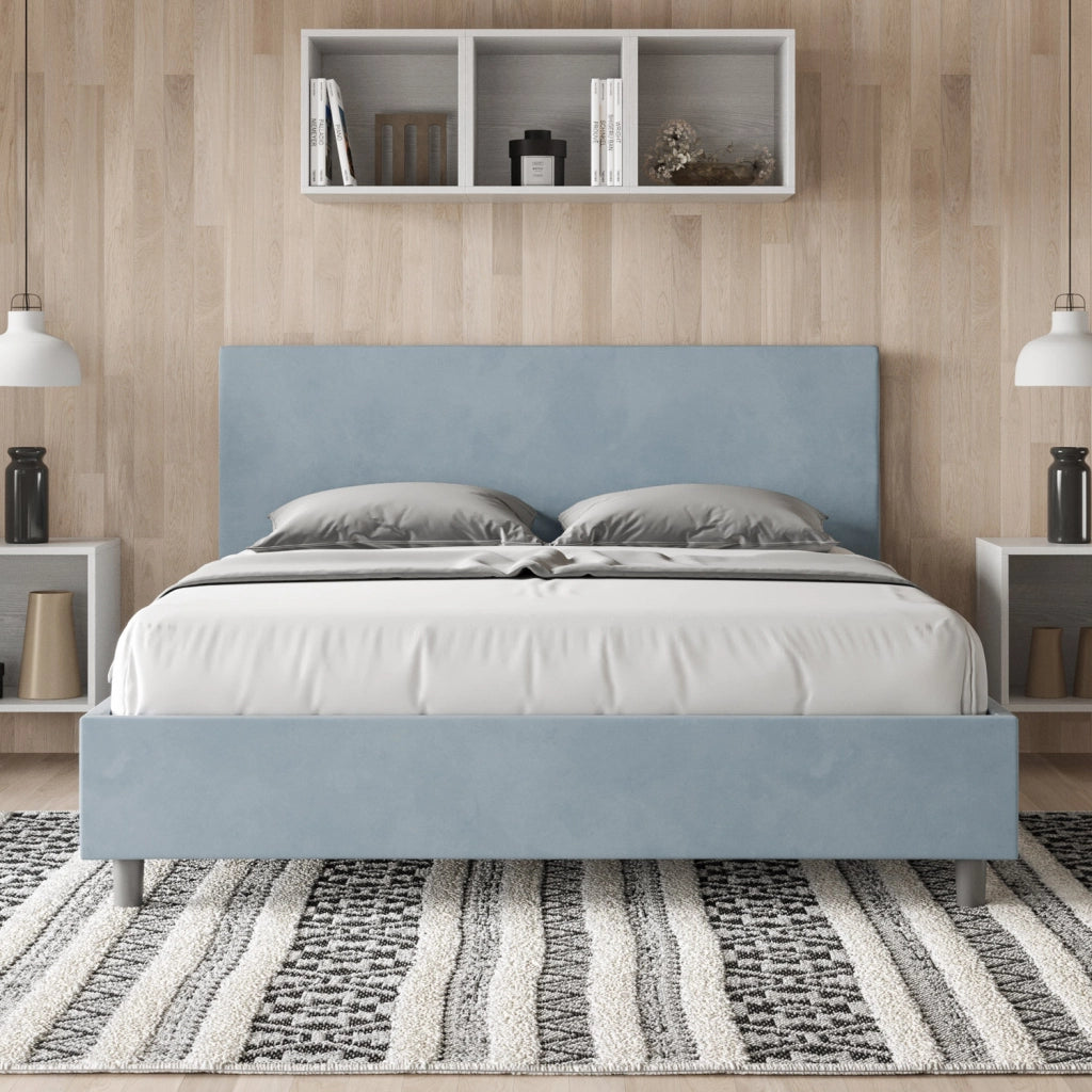 BS COM Letto queen size senza rete imbottito 150x190 microfibra azzurro