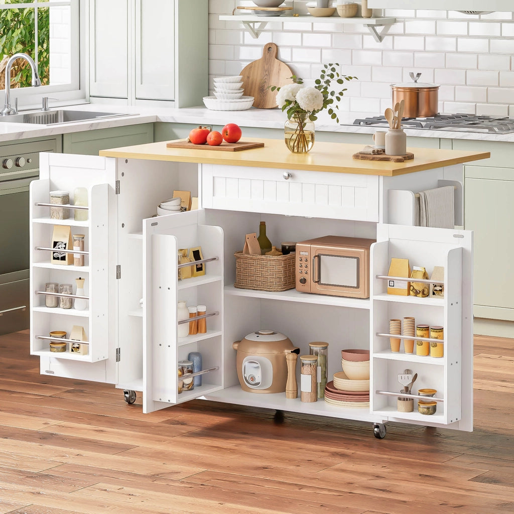 Carrello da cucina con piano ribaltabile; 1 cassetto; 3 vani; ripiani regolabili e ruote; in MDF; naturale bianco