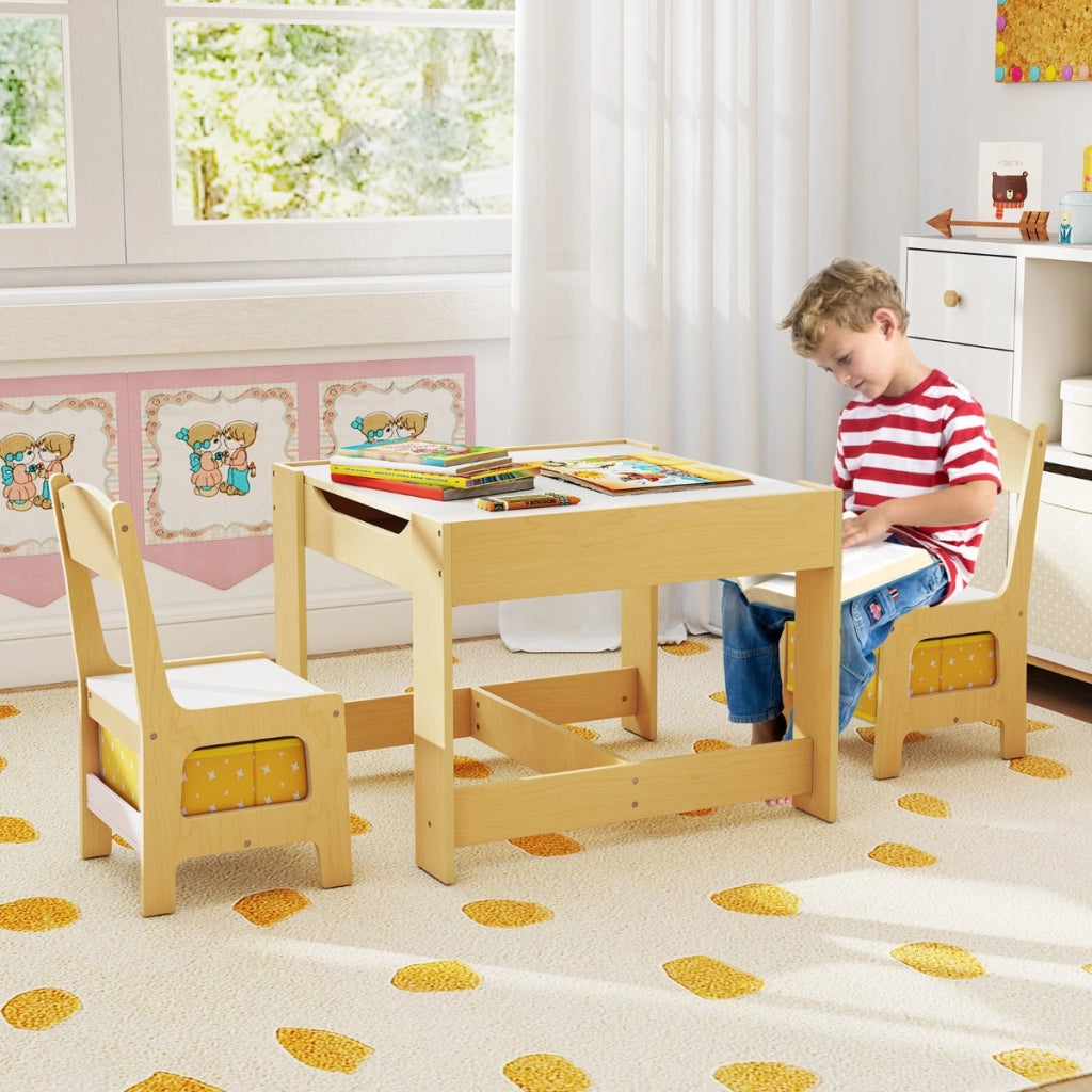 Set tavolo con 2 sedie per bambini in legno, Set di 3 pezzi mobili per bimbi 62x62x48cm Giallo