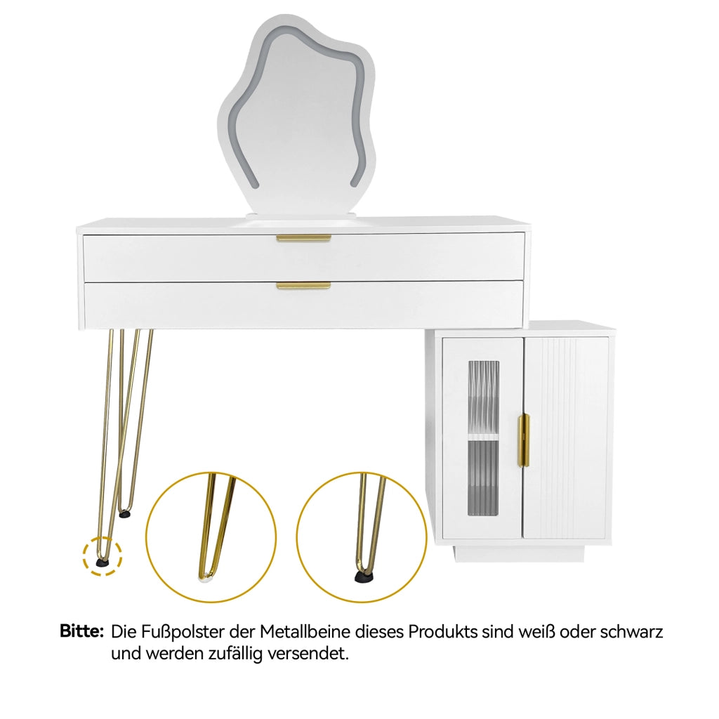 OKWISH Toeletta con 2 Cassetti, Specchio LED 3 Modalità e Mobile Laterale Scorrevole, per Camera, Pannelli, Bianco, 100×40×78 cm