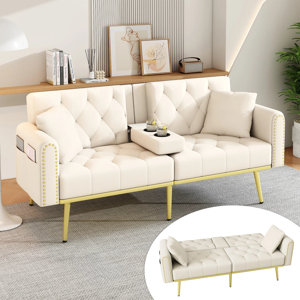 Divano letto multifunzionale in velluto beige 2 posti con schienale regolabile e portabicchieri